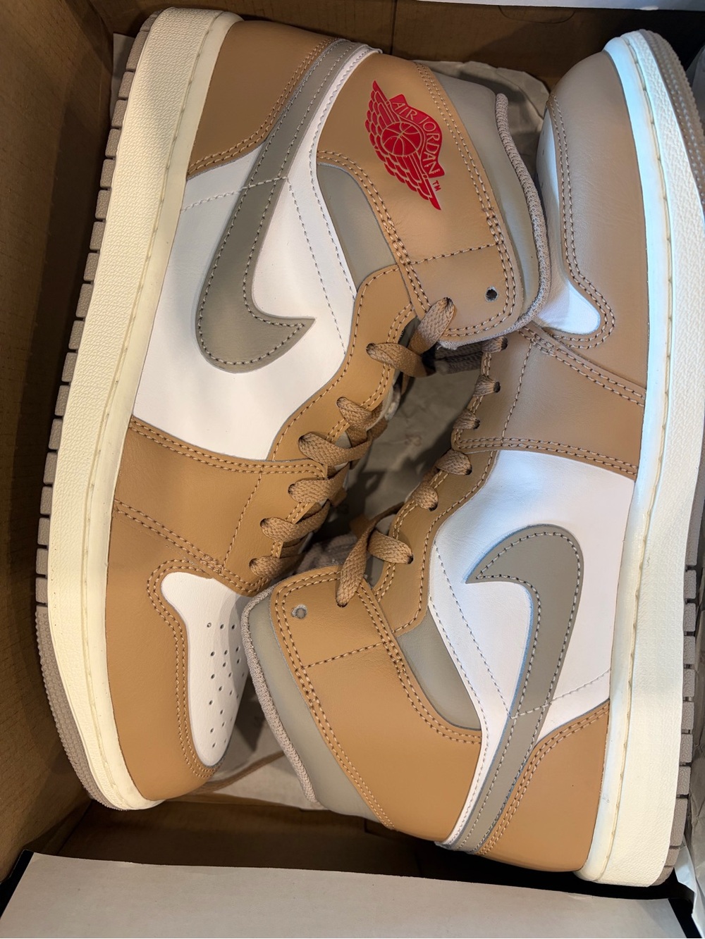 Jordan 1 Mid — Tan White Gray with Red Wings